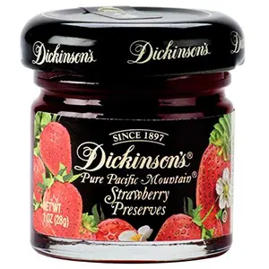 Dickinson's mini strawberry preserves jar and a stack of biscuits
