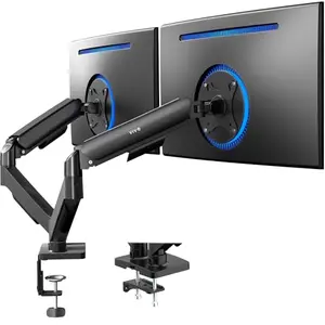 VIVO dual monitor stand with black articulating arms and C-clamp base