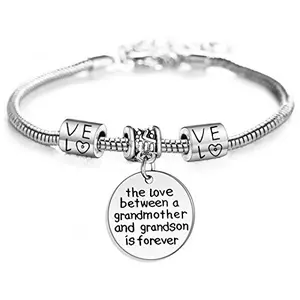 Silver-plated chain bracelet with a round charm engraved 'Love between a Grandmother and Grandson is Forever'