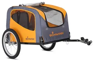 Schwinn Rascal pet trailer in orange/grey attached to a bicycle