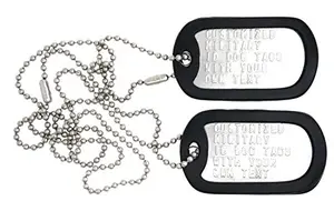 Two stainless steel dog tags on a ball chain with black silencers