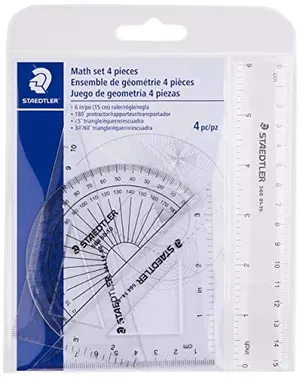 STAEDTLER 4-piece geometry set with clear protractor, ruler, and two triangles in a wallet