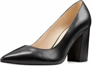 Nine West Astoria9x9 pump in black leather with pointed toe and block heel