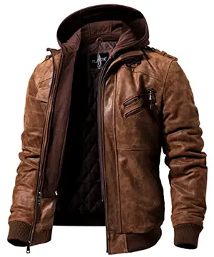 Brown leather motorcycle jacket with removable hood and multiple pockets