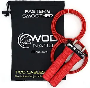 WOD Nation Speed Cable Jump Rope with red alloy steel cables and ergonomic handles