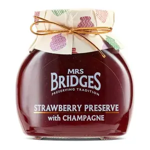 Mrs Bridges strawberry preserve with champagne jar with golden bow