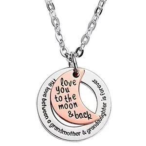 Delicate chain necklace with a small crescent moon pendant and a round washer engraved 'The love between a grandmother and granddaughter is forever'