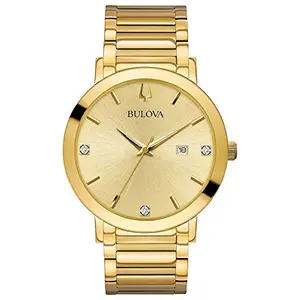 BULOVA Men's Modern Gold Tone Watch with black dial and diamond accents