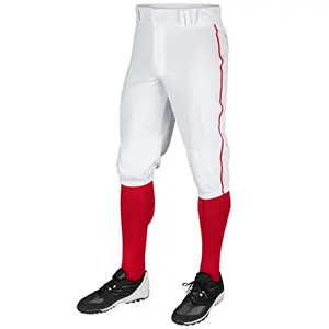 White baseball pants with scarlet red pipe braid down the sides, knicker style with elastic leg openings