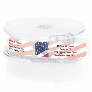 American flag mailing labels on a roll with a clear plastic dispenser