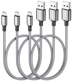 SUNGUY short micro USB cable 3-pack 1.5ft grey nylon braided