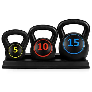 Best Choice Products 3-piece kettlebell set with 5, 10, and 15 lb weights on storage rack