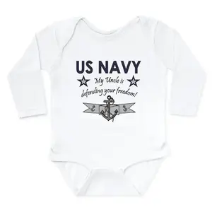 Long sleeve white bodysuit with My Uncle is Defending Freedom design and anchor