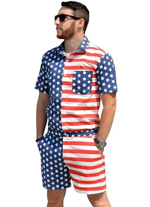 Zesties male romper in American flag print, perfect for a patriotic backyard BBQ