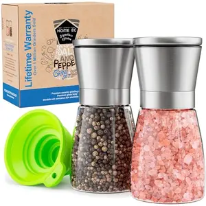Home EC salt and pepper grinder set with stainless steel caps and clear glass bodies