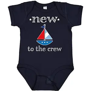 inktastic New To the Crew Sailboat Baby Bodysuit in navy blue with sailboat graphic