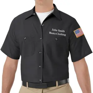 Red Kap custom work shirt with American flag patch and embroidered name on front chest