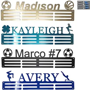 Personalized black steel medal hanger with custom text and runner silhouette