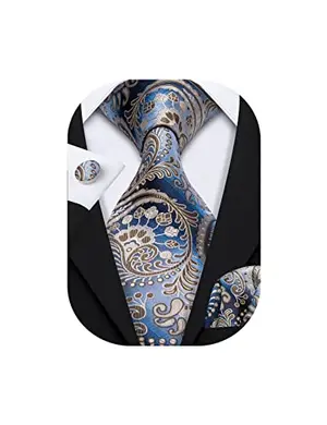 Barry.Wang blue and brown paisley silk necktie set with handkerchief and cufflinks