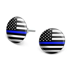 Thin blue line flag resin stud earrings on silver plate