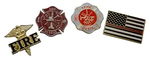 Novel Merk firefighter four-piece hat pin set on display
