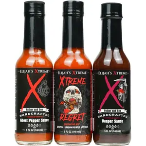 Elijah's Xtreme Trio hot sauce variety pack: Xtreme Regret, Ghost Pepper, and Sweet Reaper sauces