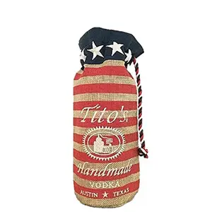 Burlap bag with embroidered Tito's Vodka logo and American flag
