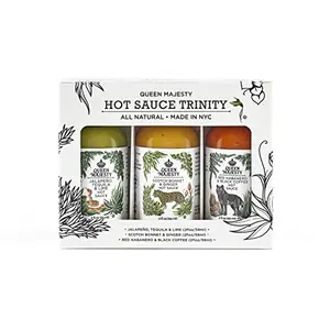 Queen Majesty hot sauce sampler with three 2oz bottles: Jalapeno Tequila Lime, Scotch Bonnet Ginger, and Red Habanero Coffee