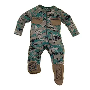 Baby in TC USMC woodland camo crawler with recruit boots, featuring embroidered name tapes and a front zipper