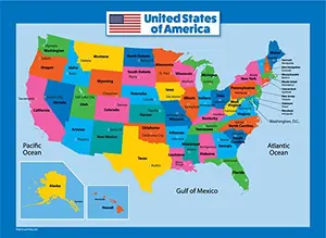 Laminated US map poster for kids with vibrant colors and world map on reverse