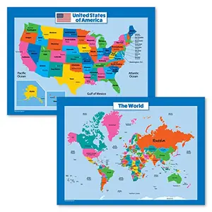 Set of two laminated maps-US and world-with bright colors and durable finish