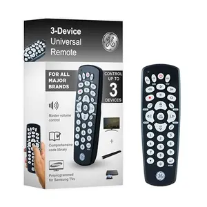 GE universal remote control next to a TV and streaming device