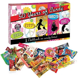 Colorful box featuring candy from the 1950s through 1990s, a party-friendly mix