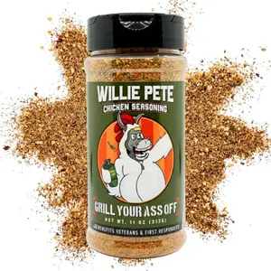 Grill Your As* Off Willie Pete Chicken Seasoning jar with chicken wings