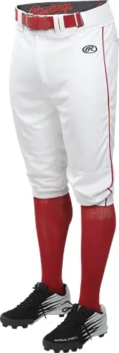 White baseball pants with red trim, knicker length, zipper fly, and Rawlings logo on waistband