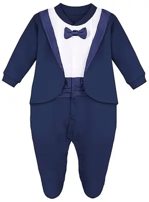 Navy baby tuxedo footie by Lilax with satin bow tie and snap buttons