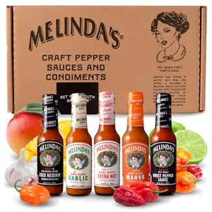 Melinda's Hot Sauce Variety Pack box with five 5-ounce bottles of habanero-based sauces