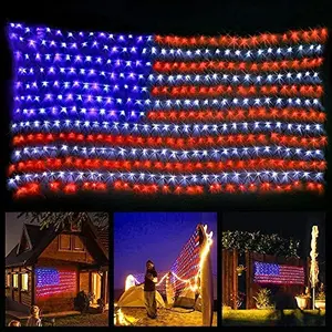 HYH American flag net light glowing brightly against a house wall