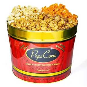 Pops Corn 2 Gallon Popcorn Tin with Caramel, Cheese, and Kettle Corn