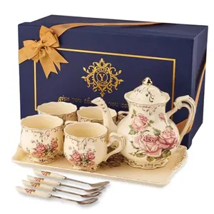 YOLIFE tea set with red roses and gold trim on a serving tray