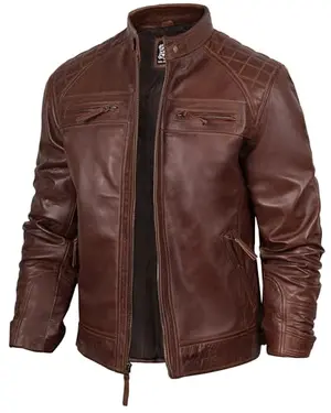 Brown cafe racer leather jacket with quilted shoulders and snap cuffs