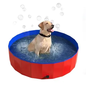 Red dog pool folded into its carry bag next to a garden