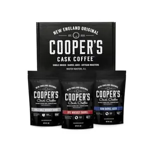 Cooper's Cask bourbon barrel aged coffee sampler with three ground coffee bags