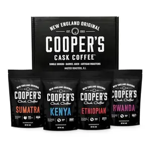Cooper's Cask gourmet coffee sampler gift box with four ground bags