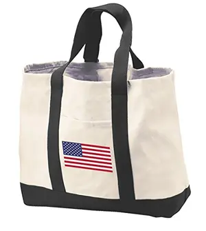 Heavy canvas tote bag with American flag design displayed on a table