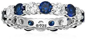 Alternating clear and blue cubic zirconia eternity band with platinum plating