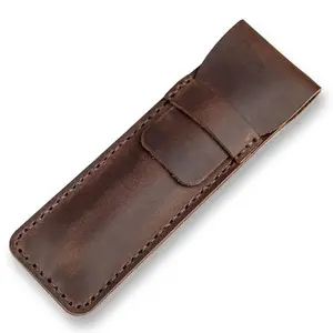 DK86 genuine leather pen sleeve in small coffee color with pen inserted