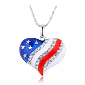 Silver plated heart-shaped American flag necklace with red, white, and blue enamel and rhinestone stars on a delicate chain