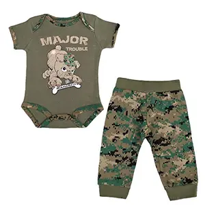 Two-piece USMC baby outfit with woodland camo bodysuit and matching pants by Trooper Clothing