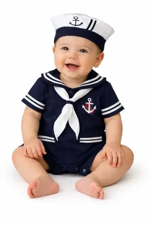 stylesilove navy blue short sleeve sailor romper with striped collar, anchor embroidery, and matching hat and necktie on baby